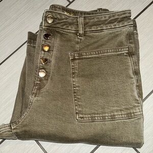 Olive Green Button-Fly Wide Leg- Jeans